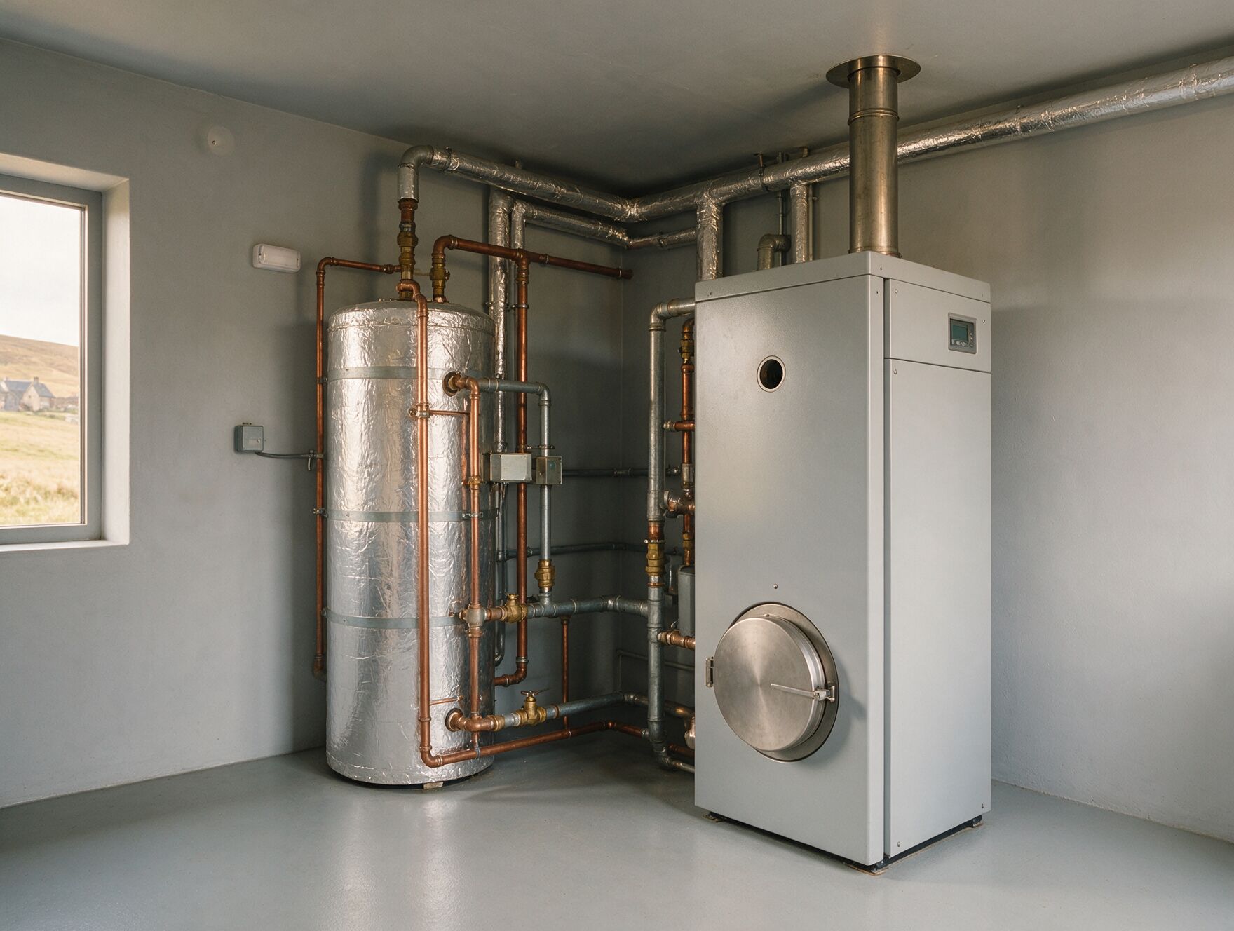 A biomass pellet boiler and hot water cylinder in a plant room