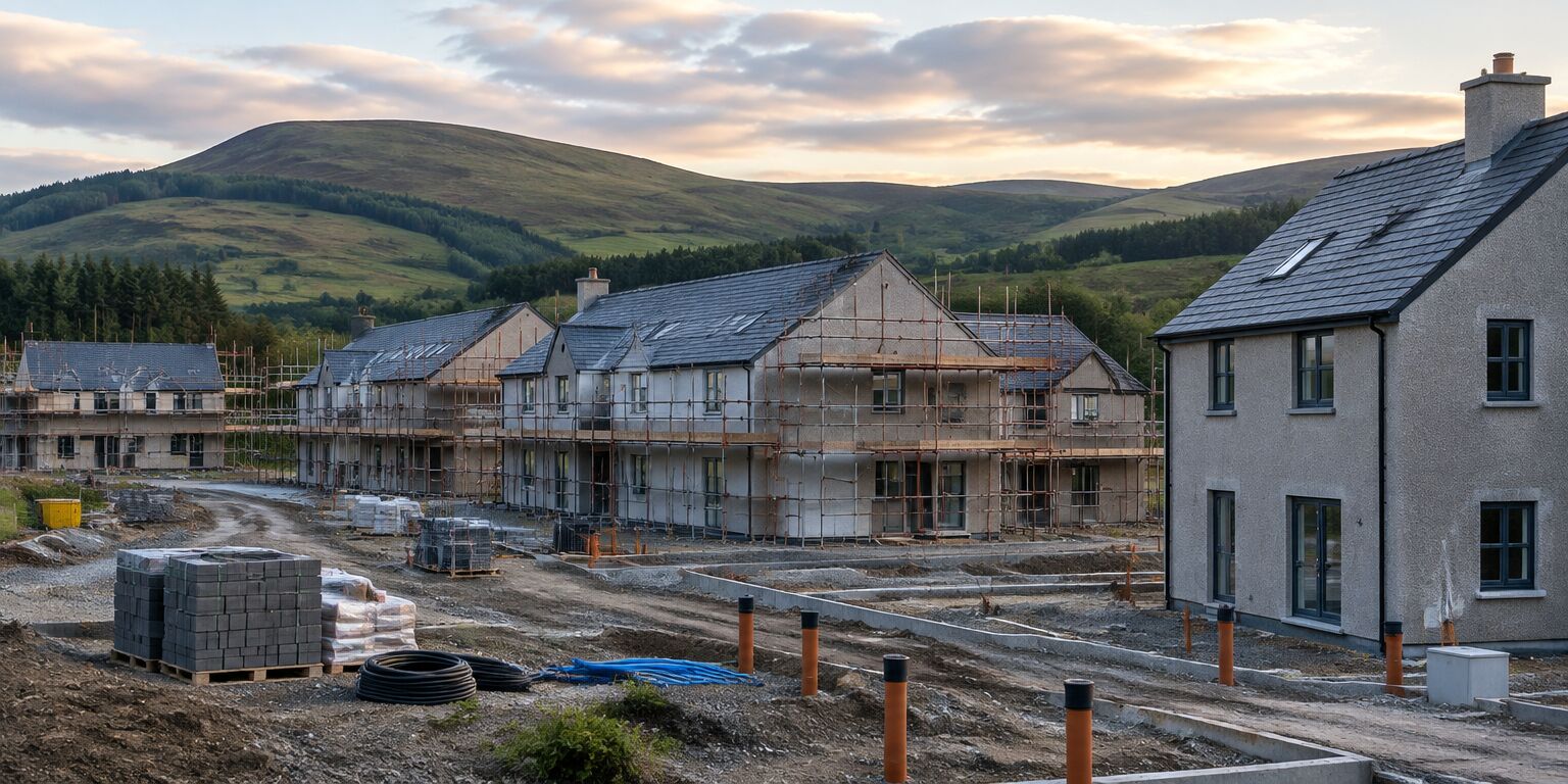 A new-build housing development under construction with hills behind