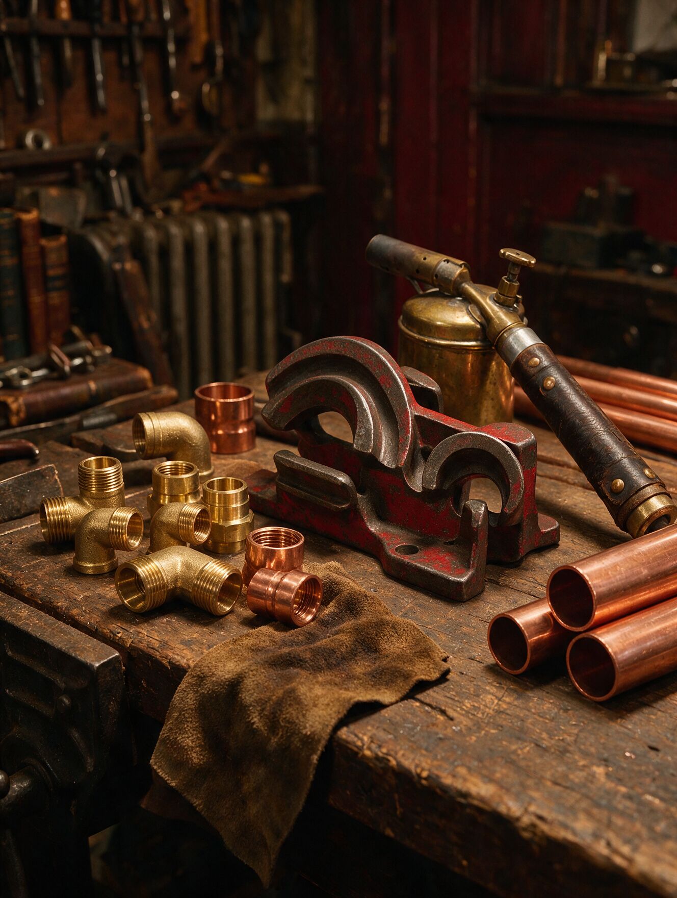 Copper and brass plumbing fittings and tools on a workshop bench